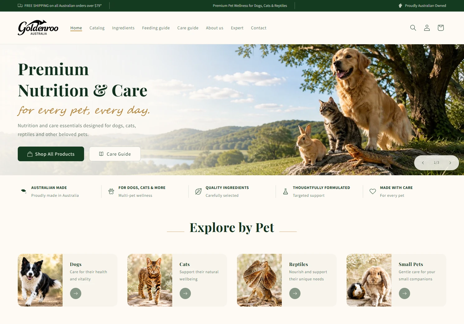 Goldenroo Pets Shopify storefront with a custom theme built by tPanel, showing the brand's hero section and shop-by-pet navigation for dogs, cats, reptiles and small pets
