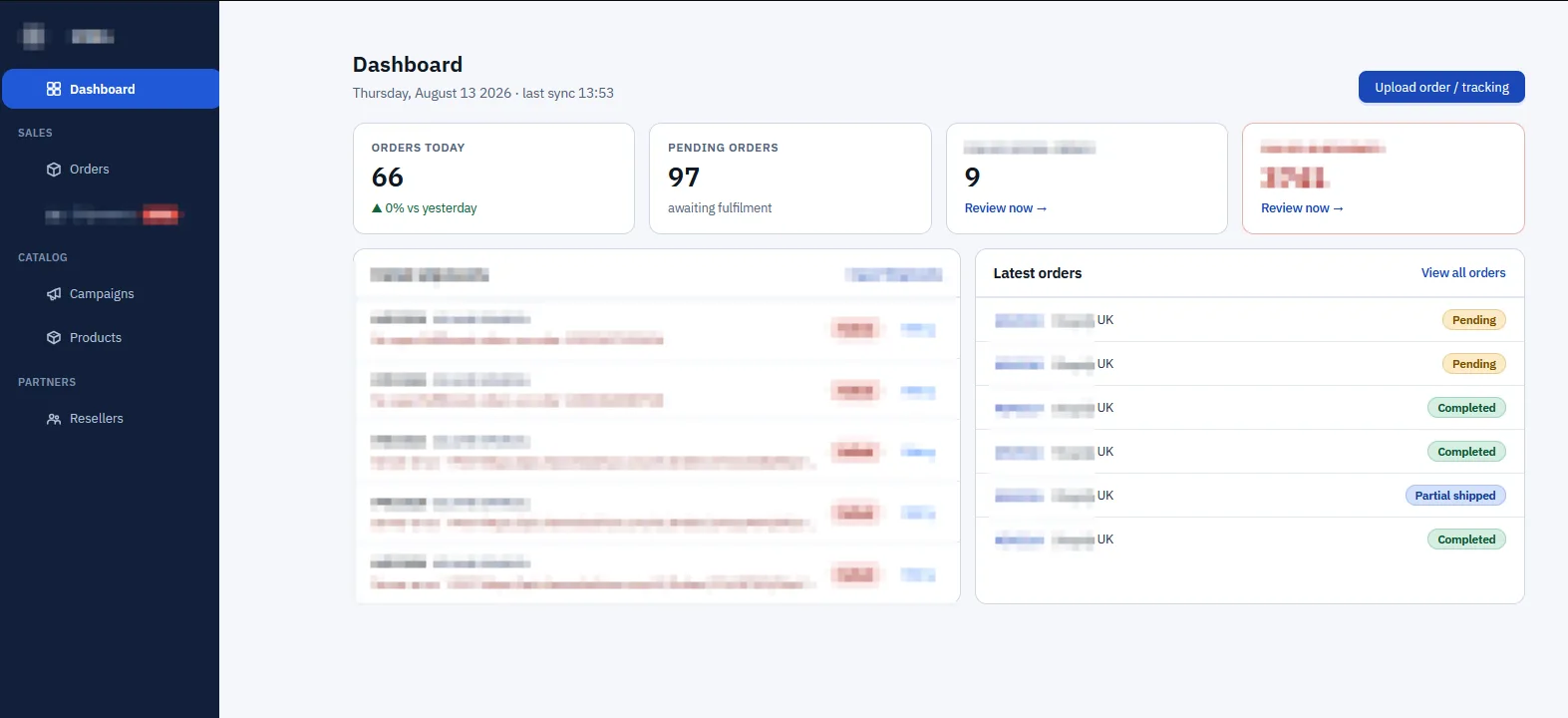 Custom order hub built by tPanel showing multi-channel campaigns with reseller, warehouse, order and tracking management in one dashboard